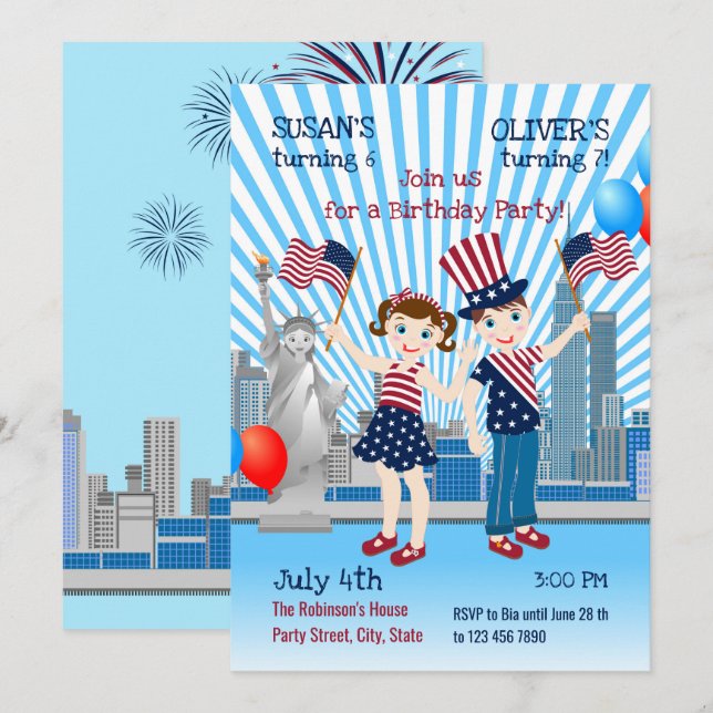 4th July Birthday Girl and Boy Party  Invitation (Front/Back)