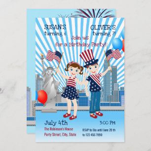 4th July Birthday Girl and Boy Party  Invitation