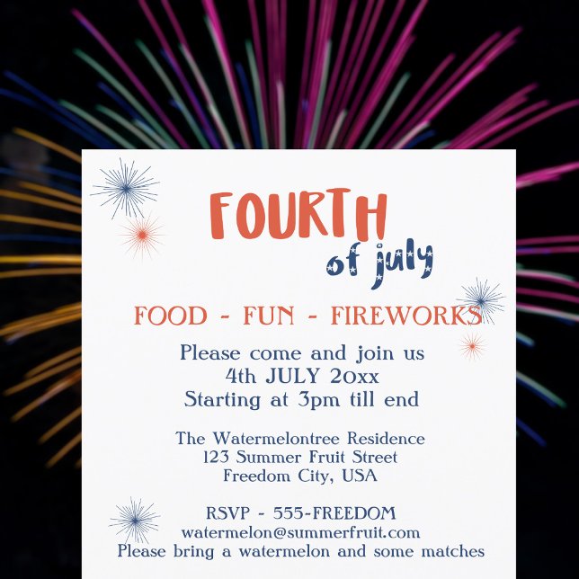 4th July Food Fun Fireworks Party Invitation (Food, Fun, Fireworks! Perfect for a 4th of July Party)
