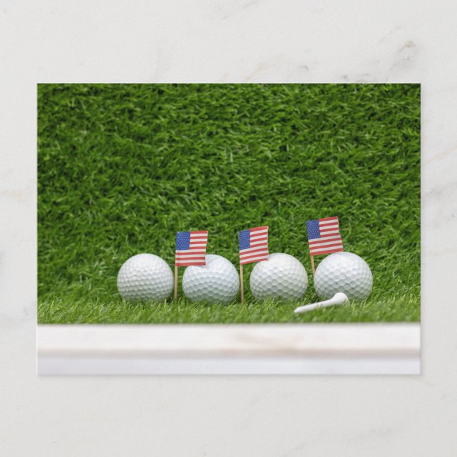 4th July golf ball with flag of America on green Postcard (Front)