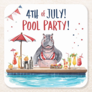 4th July Hippo Bikini in Pool Party  Square Paper Coaster