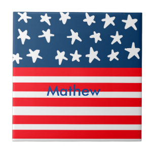 4th july independence day add name text US flag Ceramic Tile