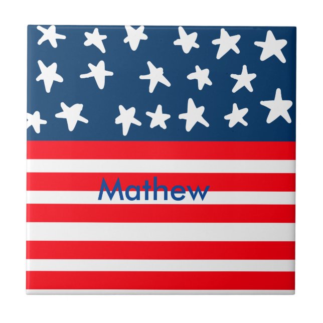4th july independence day add name text US flag Ceramic Tile (Front)