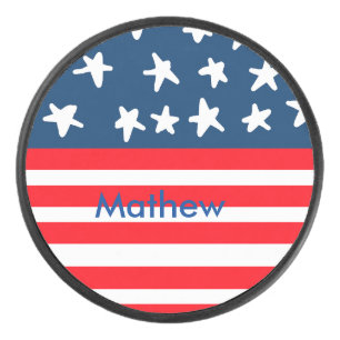 4th july independence day add name text US flag Hockey Puck