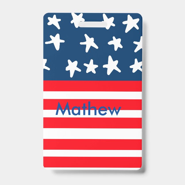 4th july independence day add name text US flag ID Badge (Front)