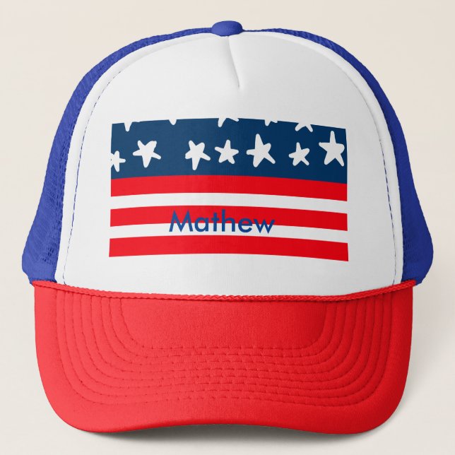 4th july independence day add name text US flag Trucker Hat (Front)