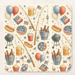 4th July Independence Day party for fishing lovers Square Paper Coaster