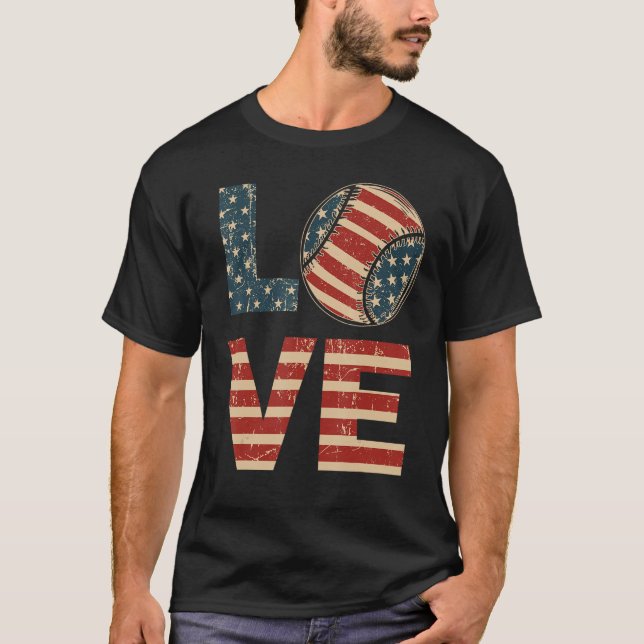4th July Love Softball American Flag Teen Girl Mom T-Shirt (Front)