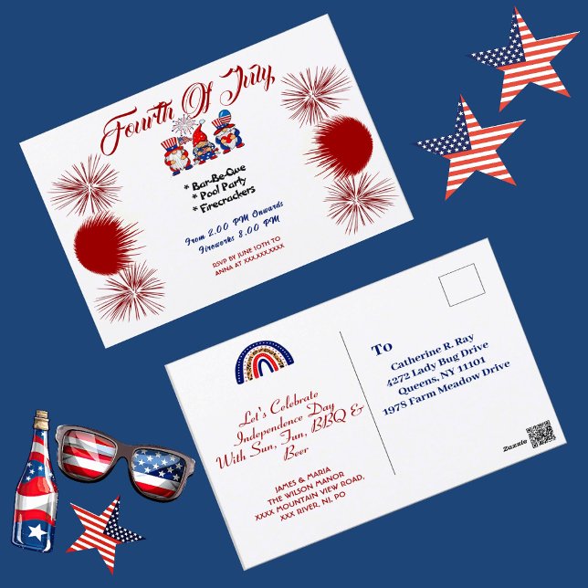 4th July Patriotic Gnomes BBQ Invitation Postcard (4th July Patriotic Gnomes BBQ Invitation Postcard)