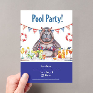 4th July Pool Party with Hippo in Bikini Acrylic Invitations