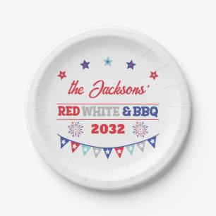 4th july Red white and BBQ family name patriotic Paper Plate