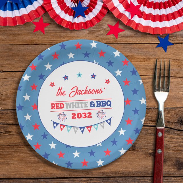 4th july Red white and BBQ family name patriotic Paper Plate (Creator Uploaded)