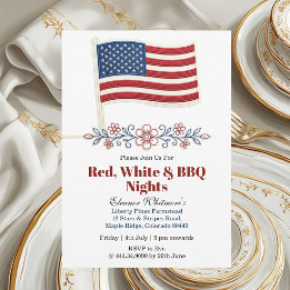 4th July Red White BBQ Nights American Flag Floral Invitation