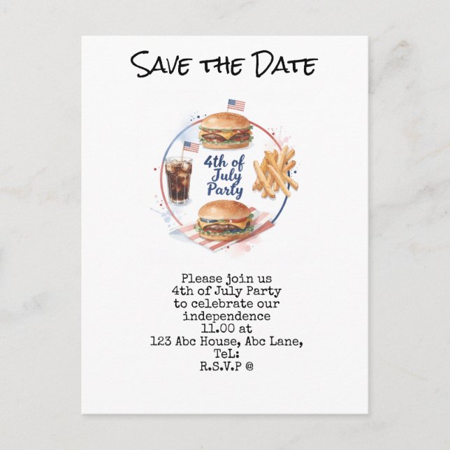  4th July Save the Date  Independence Day party   Postcard (Front)