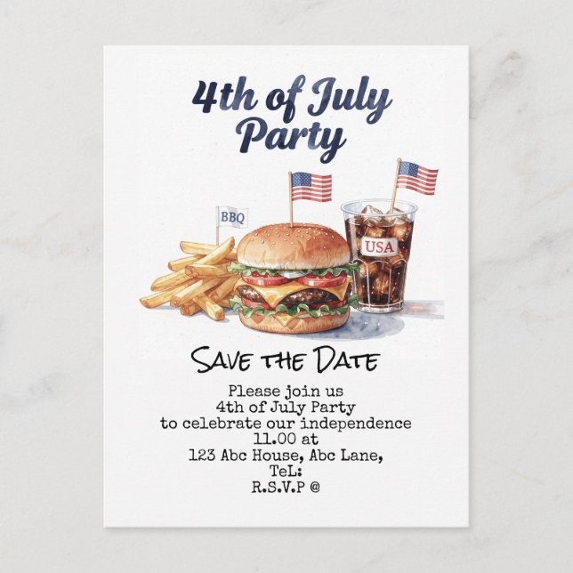  4th July Save the Date  Independence Day party   Postcard (Front)