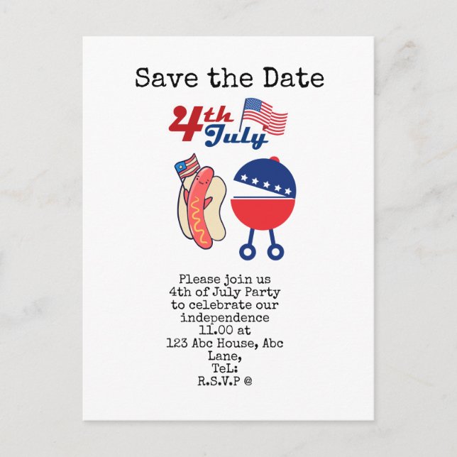  4th July Save the Date  Independence Day party  Postcard (Front)