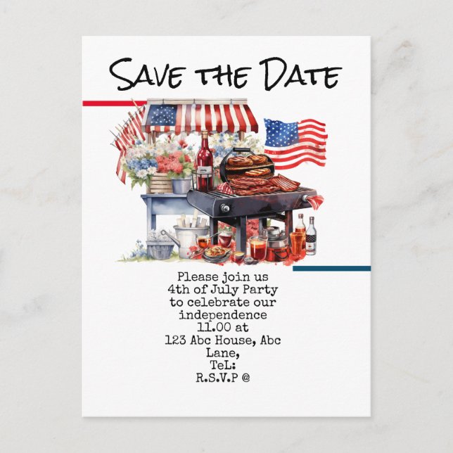  4th July Save the Date  Independence Day party   Postcard (Front)