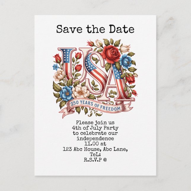  4th July Save the Date  Independence Day party   Postcard (Front)