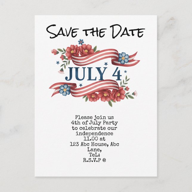  4th July Save the Date  Independence Day party   Postcard (Front)