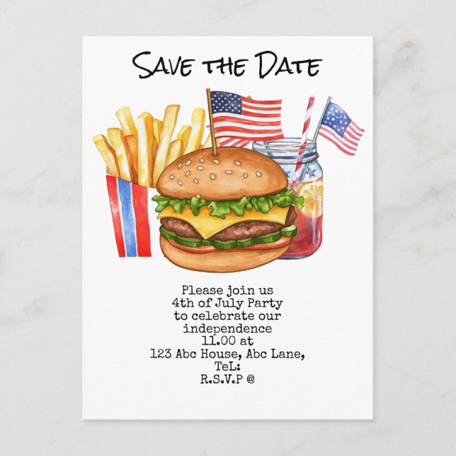  4th July Save the Date  Independence Day party   Postcard (Front)
