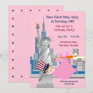 4th of July 1st Birthday Girl Party  Invitation