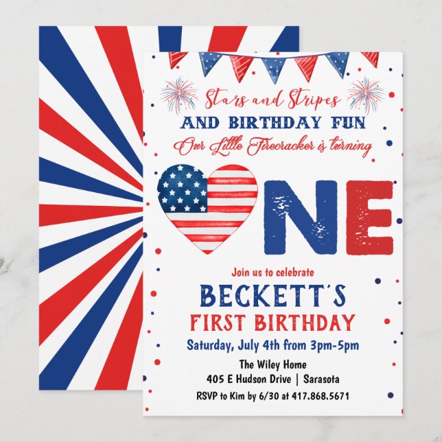 4th of July 1st Birthday Invitation (Front/Back)