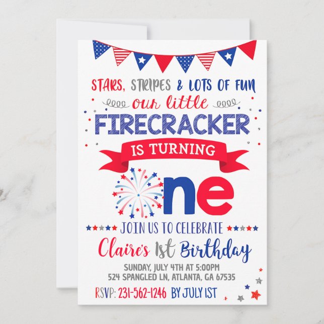 4th of July 1st Birthday Invitation Red White Blue (Front)