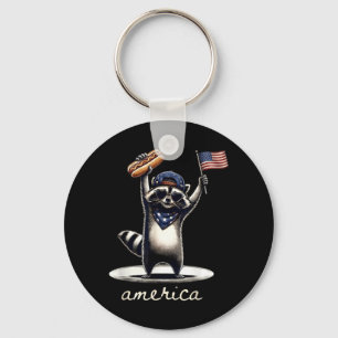 4th Of July Aamerica Racoon Holding Hotdog And Key Ring