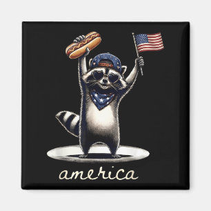 4th Of July Aamerica Racoon Holding Hotdog And Magnet