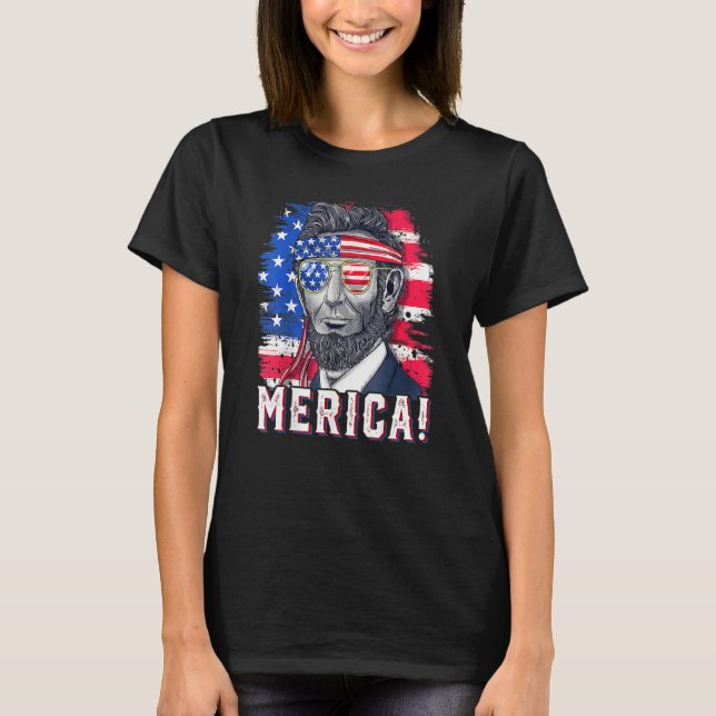 4th Of July Abraham Lincoln Sunglasses American Fl T-Shirt (Front)