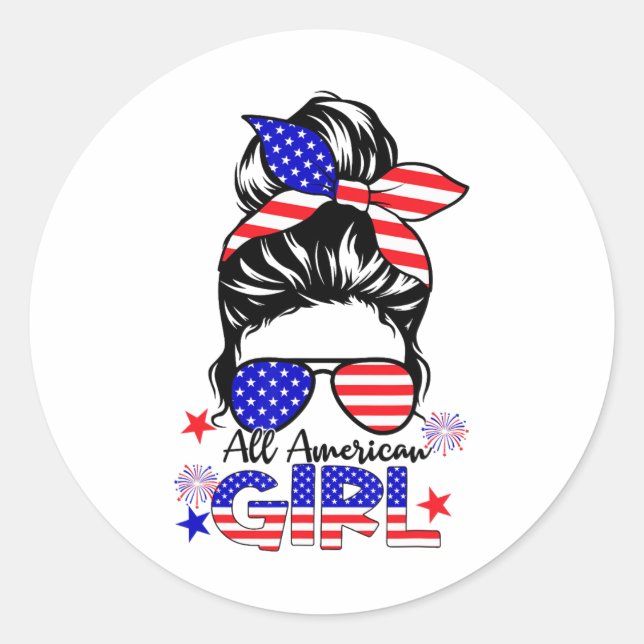 4th Of July All American Girls Messy Bun  Classic Round Sticker (Front)
