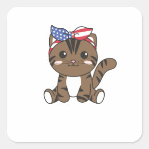 4th Of July American Cat For Kids Cute Usa Cat Square Sticker