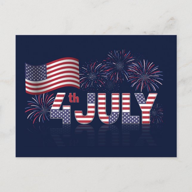 4th of July American Flag and Fireworks Postcard (Front)