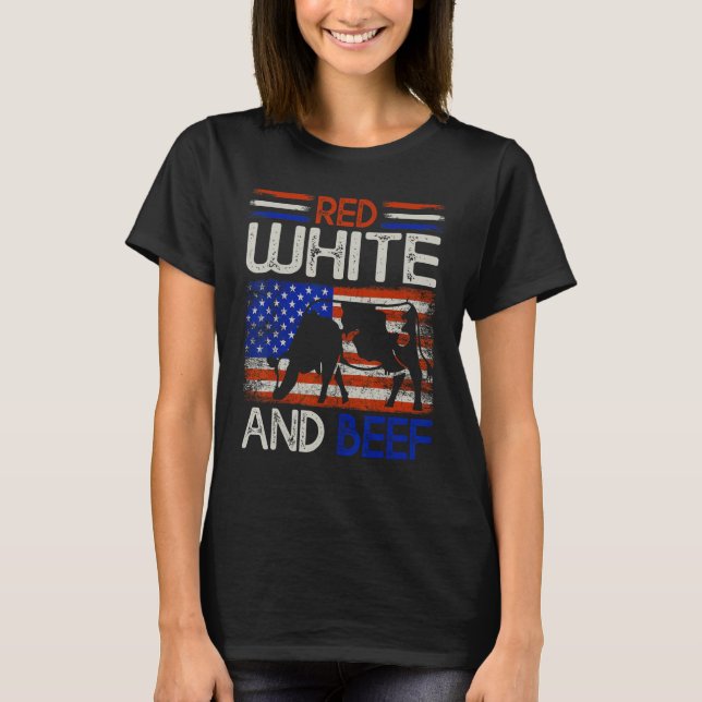 4th of July American Flag Cattle Cow Red white and T-Shirt (Front)