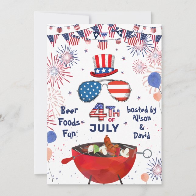 4th of JULY American Flag Fireworks BBQ Party Invitation (Front)
