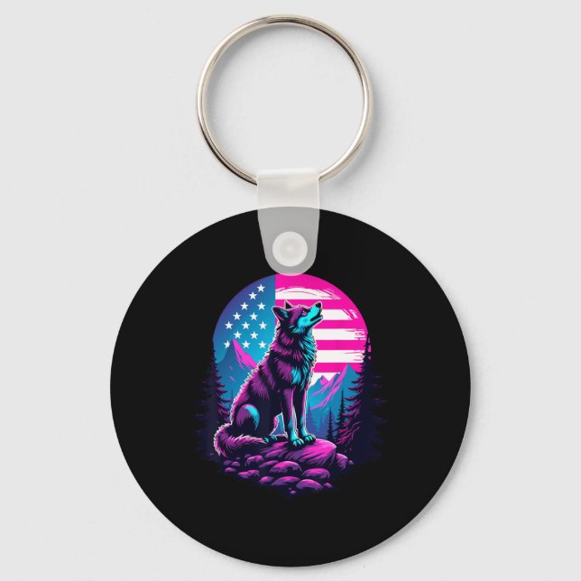 4th Of July American Flag Howling Wolf Under Usa M Key Ring (Front)
