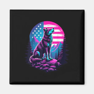 4th Of July American Flag Howling Wolf Under Usa M Magnet