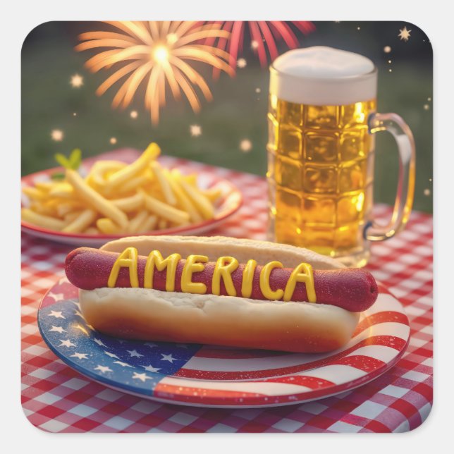 4th of July American Hot Dog Square Sticker (Front)