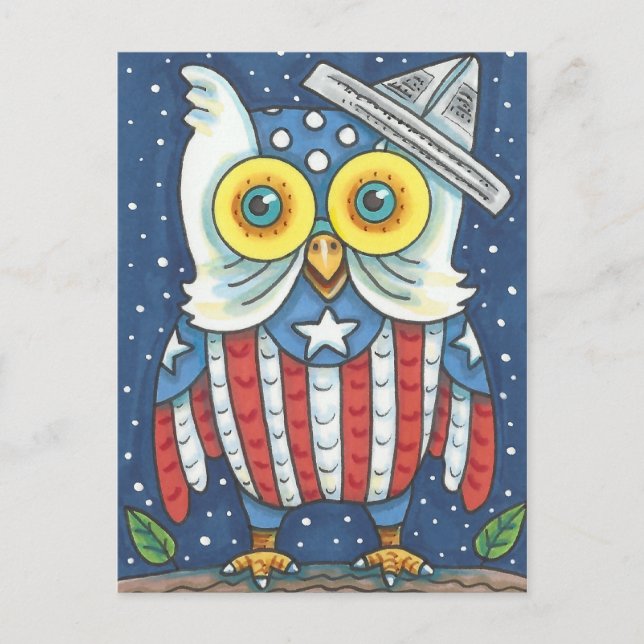 4TH OF JULY AMERICAN OWL, BIRD, HOLIDAY POSTCARD (Front)