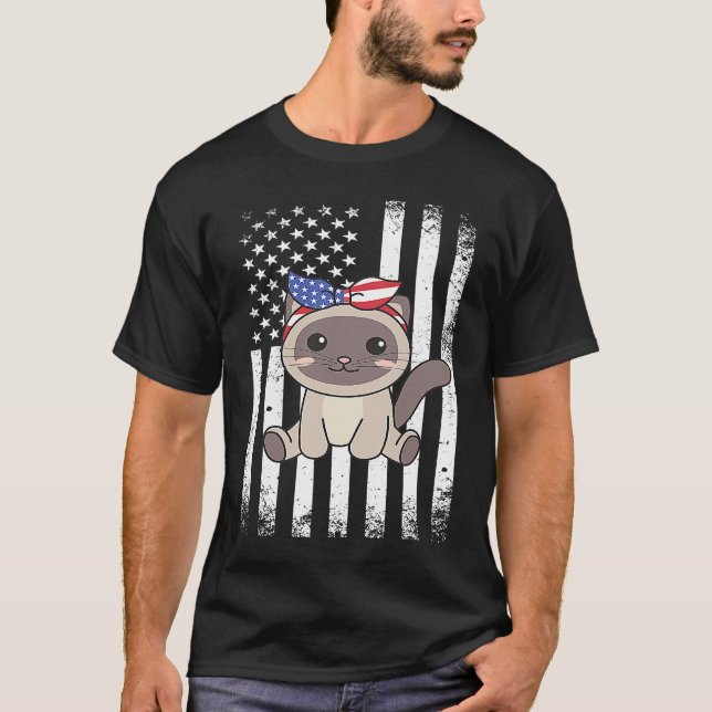 4th Of July American Siamese Cat For Kids Cute Usa T-Shirt (Front)
