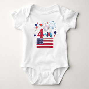 4th of July American USA Flag Heart Flag Fireworks Baby Bodysuit