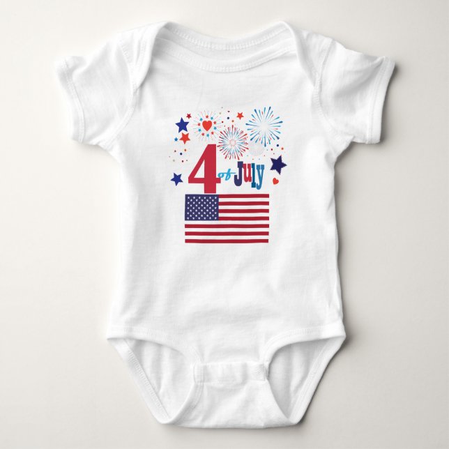 4th of July American USA Flag Heart Flag Fireworks Baby Bodysuit (Front)