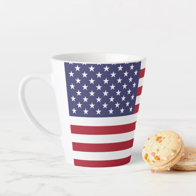 4th of July American USA Flag Heart Flag Fireworks Latte Mug (In Situ)