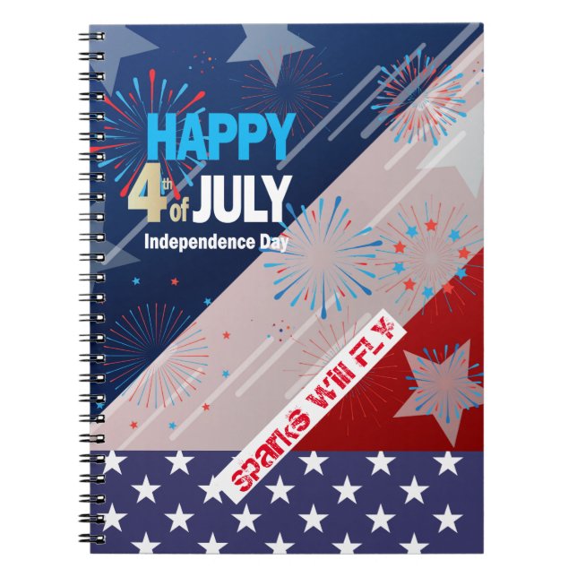 4th of July American USA Flag Heart Flag Fireworks Notebook (Front)