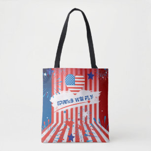 4th of July American USA Flag Heart Flag Fireworks Tote Bag