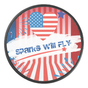 4th of July American USA Flag Heart Personalised Hockey Puck