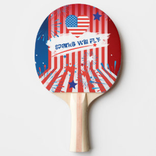 4th of July American USA Flag Heart Personalised Ping Pong Paddle