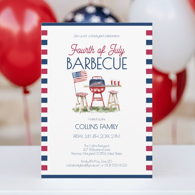 4th of July Barbecue Watercolor Flag Summer Party  Invitation (4th of July Barbecue Watercolor Flag Summer Party Invitation)