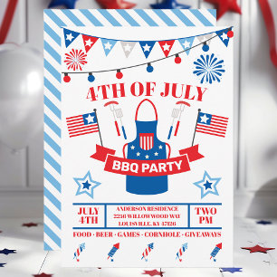 4th Of July Barbeque Apron Light Blue BBQ Party Invitation