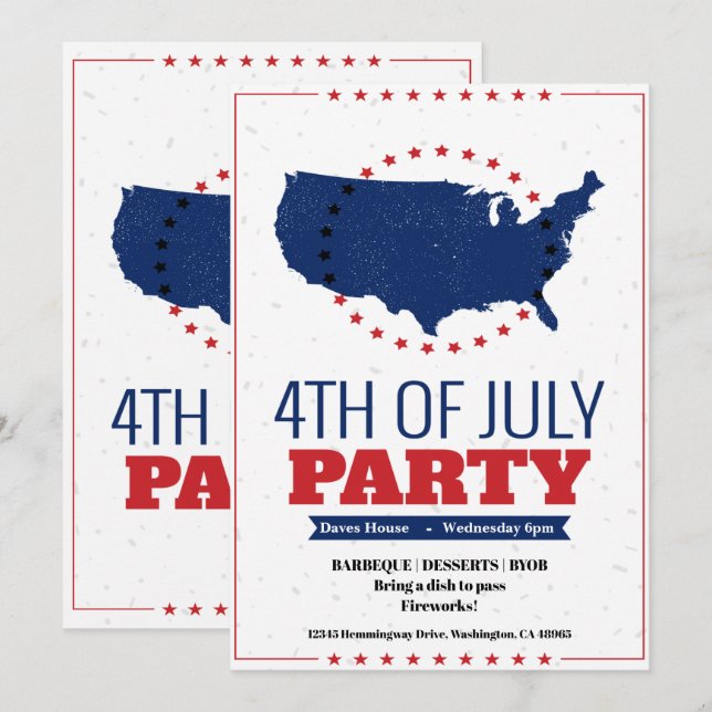 4th of July Barbeque Party Invitation America Map (Front/Back)